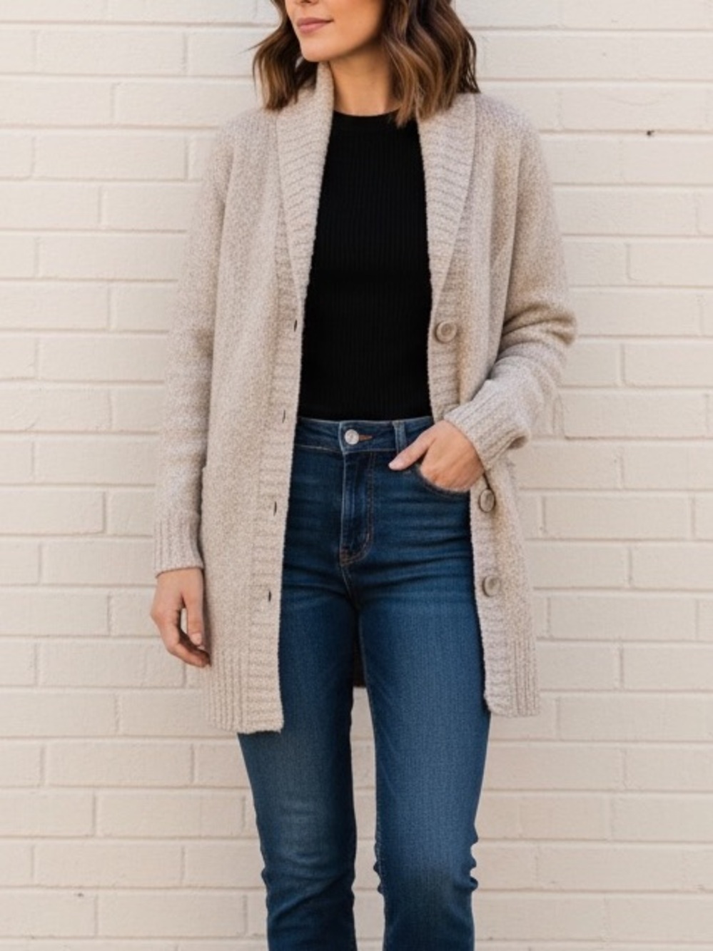 Dalia Neutral Beige Shawl-Collar Button Cardigan